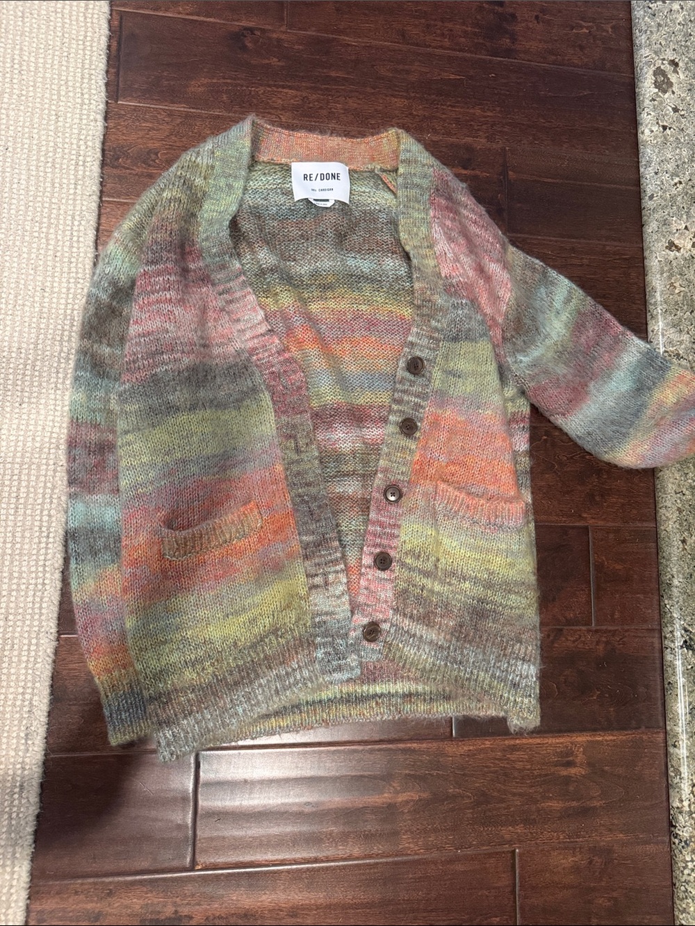 Re/Done Multicolor Fuzzy Mohair Blend Button Front Cardigan